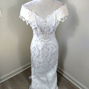 Vintage Scott McClintock white ivory lace off the shoulder pearl dress sz 6